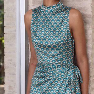 NWT Commense Scallop-Print Sleeveless Mock Neck Wrap Midi Dress size Large